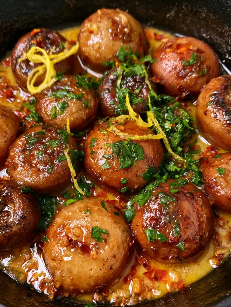 Extreme close-up of seared mahogany mushrooms swimming in golden butter sauce with parsley and chili flakes. (Cowboy mushroom recipe)