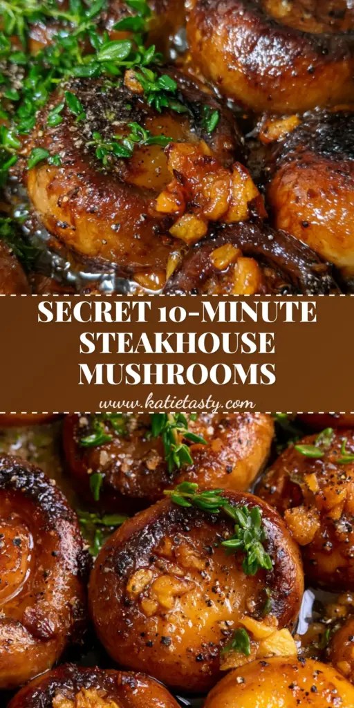 Garlic Mushrooms: The Ultimate Pan-Seared Cremini with Garlic Butter Glaze 3 Close up shot of pan-seared garlic mushrooms with fresh thyme in a cast iron skillet.