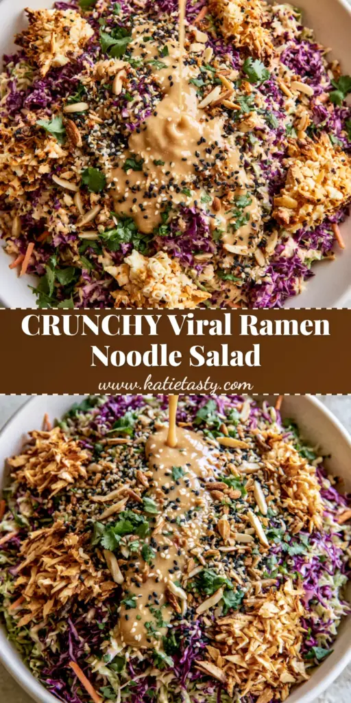 A top-down view of Asian Ramen Coleslaw in a white bowl featuring golden toasted noodles, purple cabbage, and creamy dressing pouring over the top.