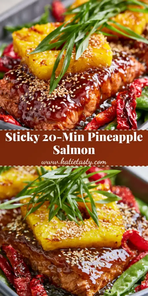 Baked Pineapple Salmon with Glossy Teriyaki Glaze 4 A vertical shot of Baked Pineapple Salmon on a dark metal sheet pan with caramelized pineapple, snap peas, and sesame seeds.