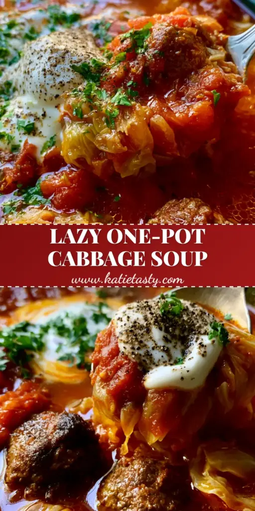 A large silver spoon lifting a portion of Cabbage Roll Soup showing seared beef and wilted cabbage ribbons in a glossy red tomato broth.