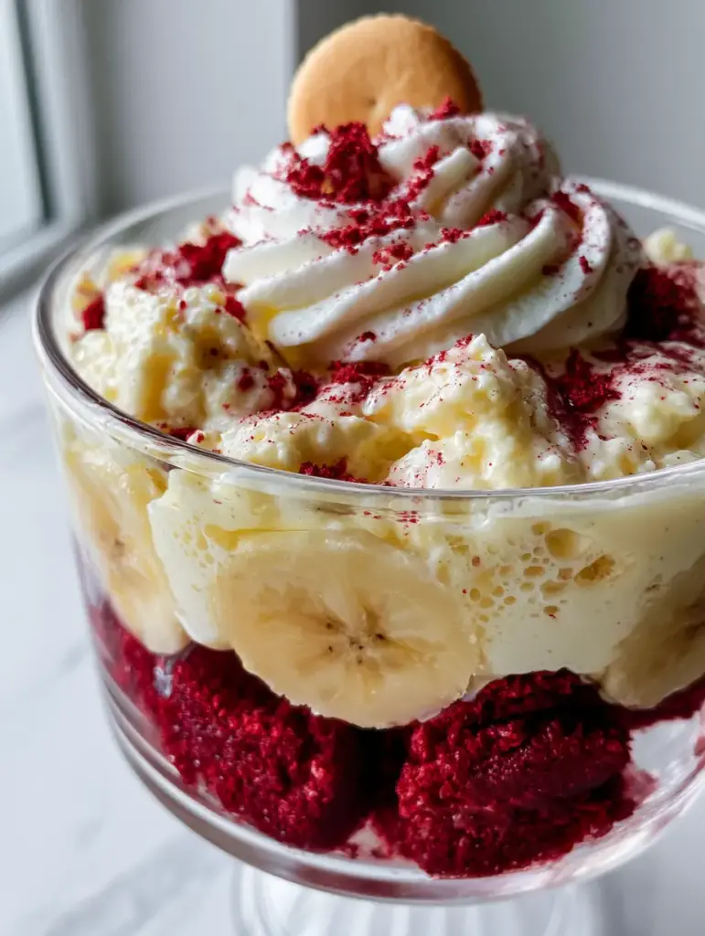 Side-angle macro shot of Red Velvet Banana Pudding layers in a clear glass dish with visible vanilla bean specks. (Red Velvet Banana Pudding)