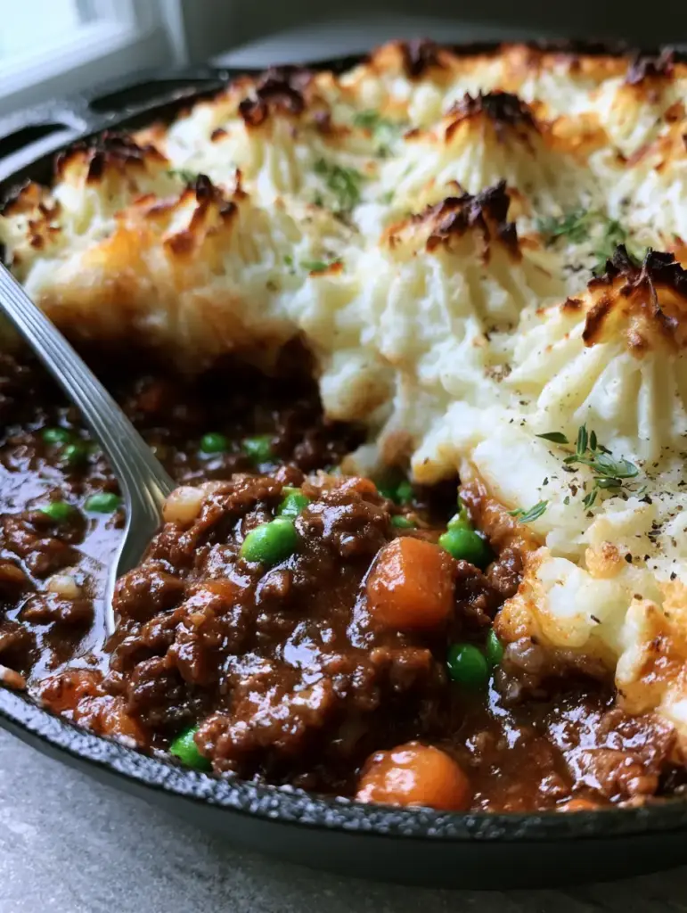 Close-up shot of a silver spoon scooping Shepherd's Pie showing the glossy beef gravy and bright green peas.