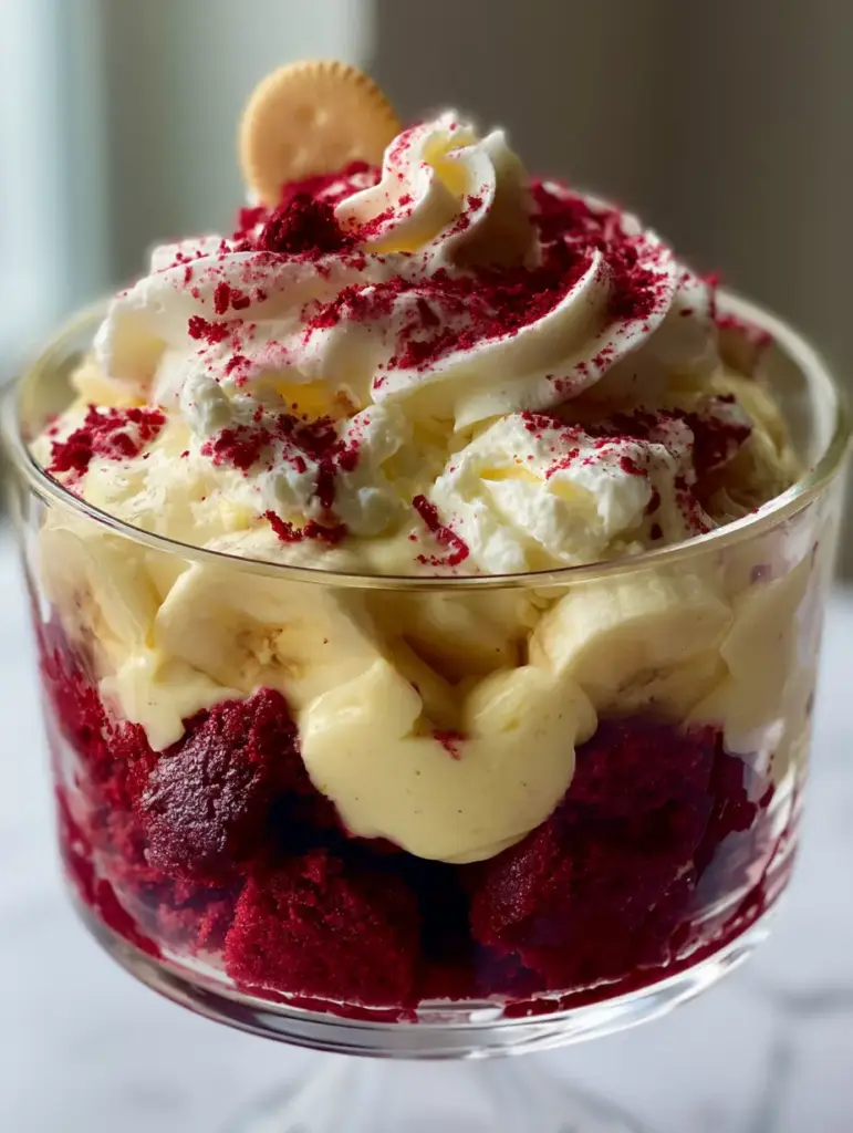 A fresh-scooped portion of Red Velvet Banana Pudding showing the messy-yet-delicious texture of cake dust and vanilla wafers.