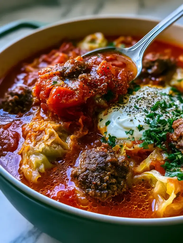 Extreme close-up of Cabbage Roll Soup in a forest green Dutch oven with visible steam wisps and glossy tomato broth.