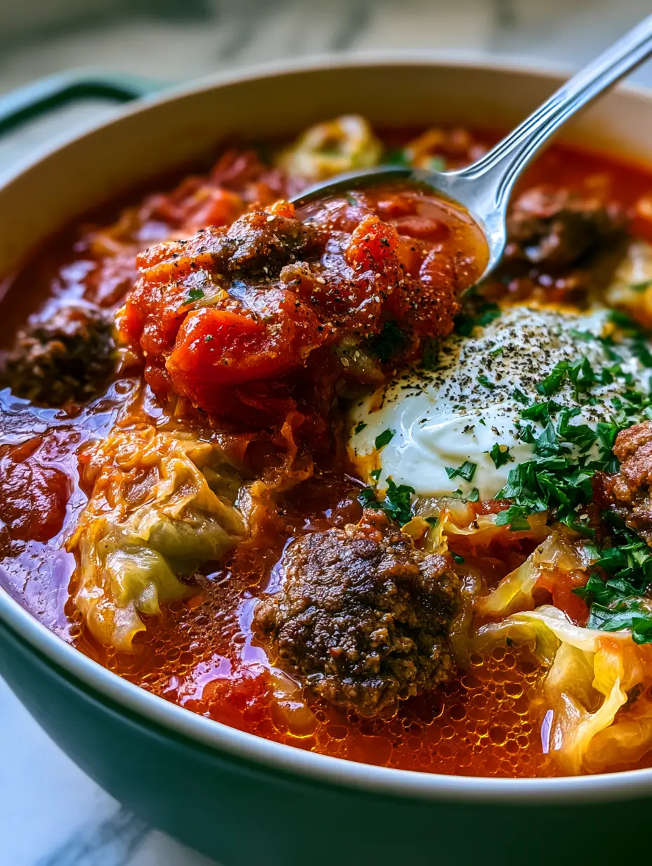 Extreme close-up of Cabbage Roll Soup in a forest green Dutch oven with visible steam wisps and glossy tomato broth.