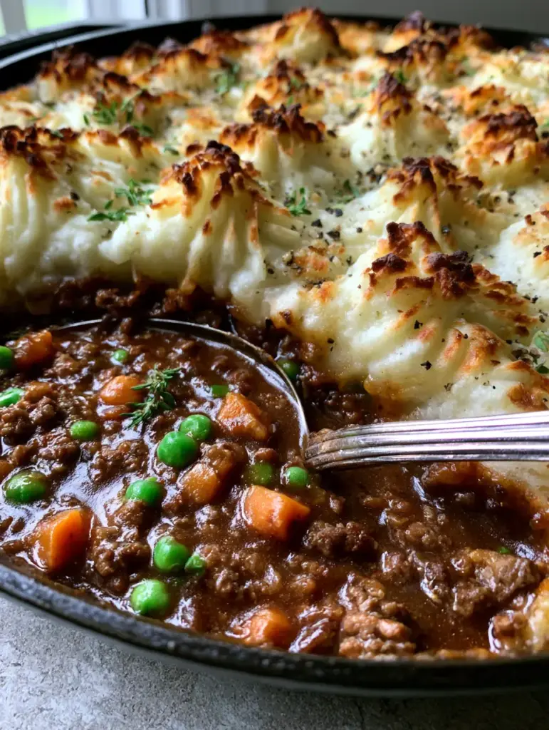 Extreme close up of charred golden-brown potato peaks on top of a Shepherd's Pie.