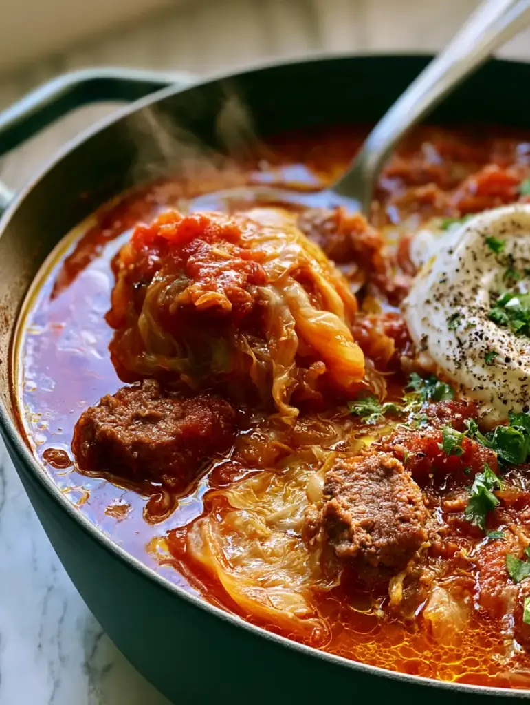 Handheld smartphone photo of Unstuffed Cabbage Roll Soup garnished with sour cream and cracked black pepper on a marble countertop.