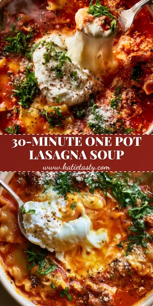 Lasagna Soup with Ground Turkey and Creamy Ricotta 4 A close-up of Lasagna soup in a white bowl with wavy noodles, a silver spoon lifting a mozzarella cheese pull, and a dollop of ricotta topped with basil.
