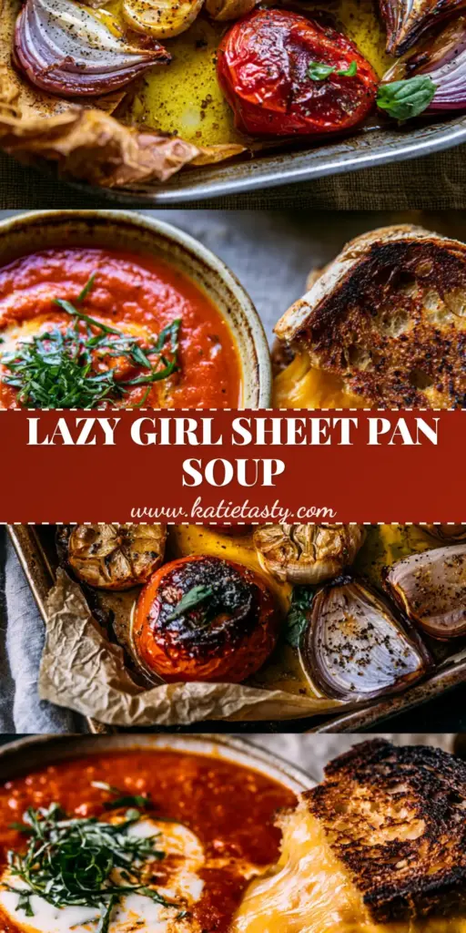 Roasted Tomato Soup with Blistered Tomatoes and Charred Garlic 4 A split frame showing a sheet pan of roasted tomatoes and a bowl of Roasted Tomato Soup with a grilled cheese dunk.