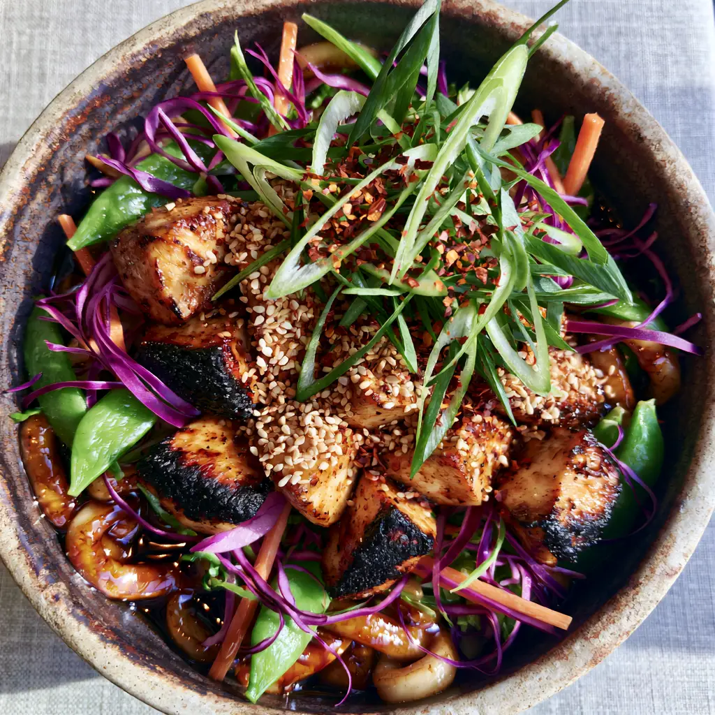 Asian Dinner Recipes: Honey Garlic Chicken Udon Bowls 2 A close-up high-angle photo of glossy udon noodles drenched in dark amber honey garlic sauce with charred chicken cubes and snap peas. (Asian dinner recipes)