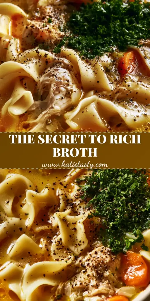 Homestyle Chicken Noodle Soup with Rich Golden Broth 4 A top-down view of Homestyle Chicken Noodle Soup in a rustic white bowl, featuring thick wavy egg noodles, golden broth, and plenty of fresh parsley.