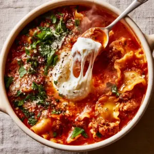 Top-down view of Lasagna soup in a rustic ceramic pot showing vibrant red broth, ground turkey, and fresh green basil.