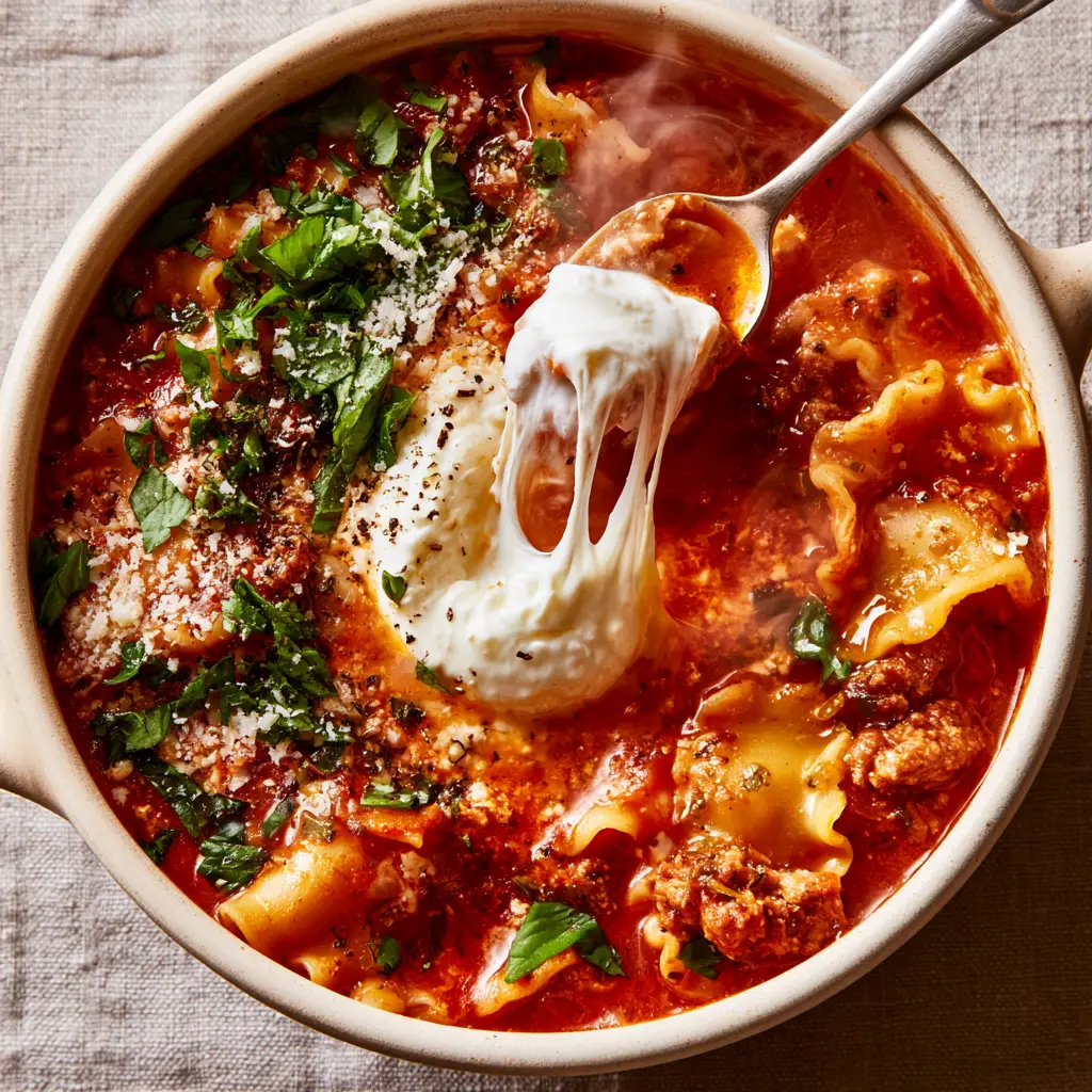 Home 6 Top-down view of Lasagna soup in a rustic ceramic pot showing vibrant red broth, ground turkey, and fresh green basil.