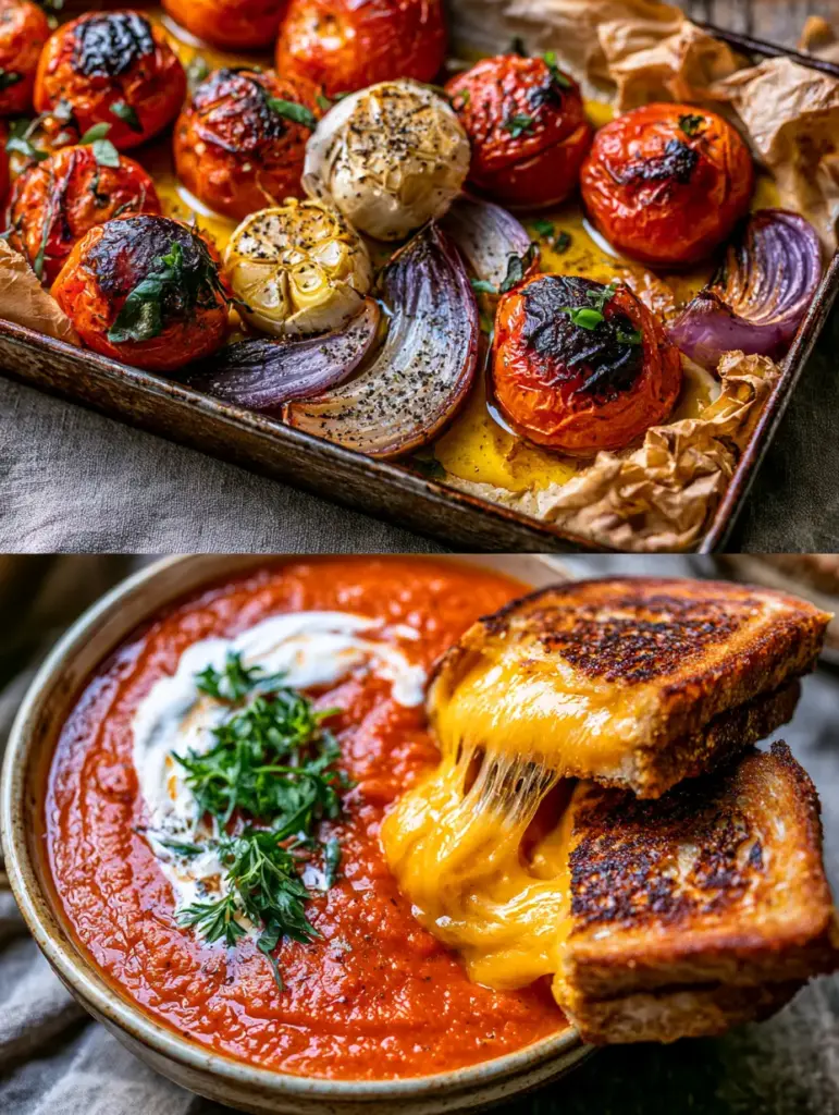 Close up of blistered Roma tomatoes and charred garlic on a rustic sheet pan for Roasted Tomato Soup.