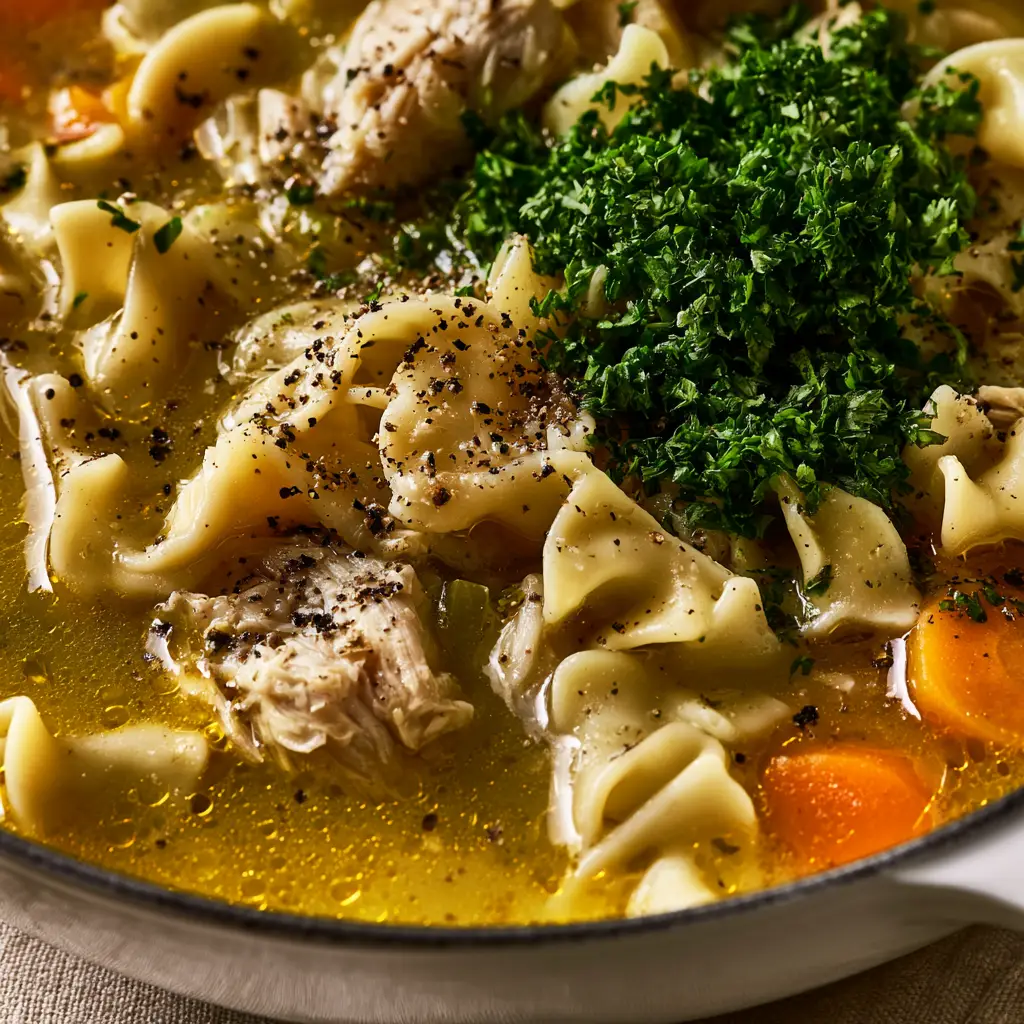 Macro close-up of Homestyle Chicken Noodle Soup showing glistening amber oil droplets on a rich golden broth with shredded chicken and egg noodles.