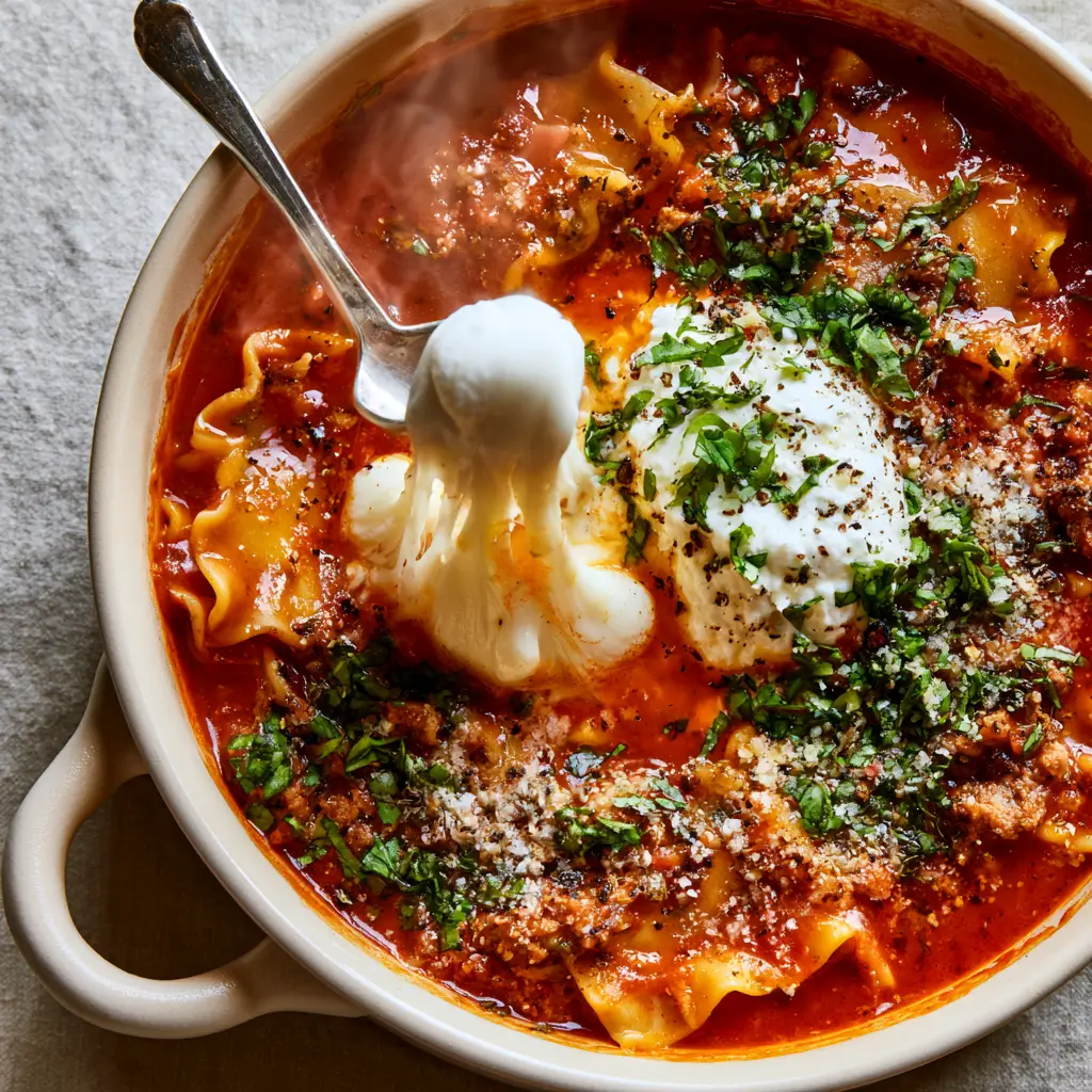 Lasagna Soup with Ground Turkey and Creamy Ricotta 1 Close up of Lasagna soup noodles coated in glossy tomato sauce with melted cheese and cracked black pepper.