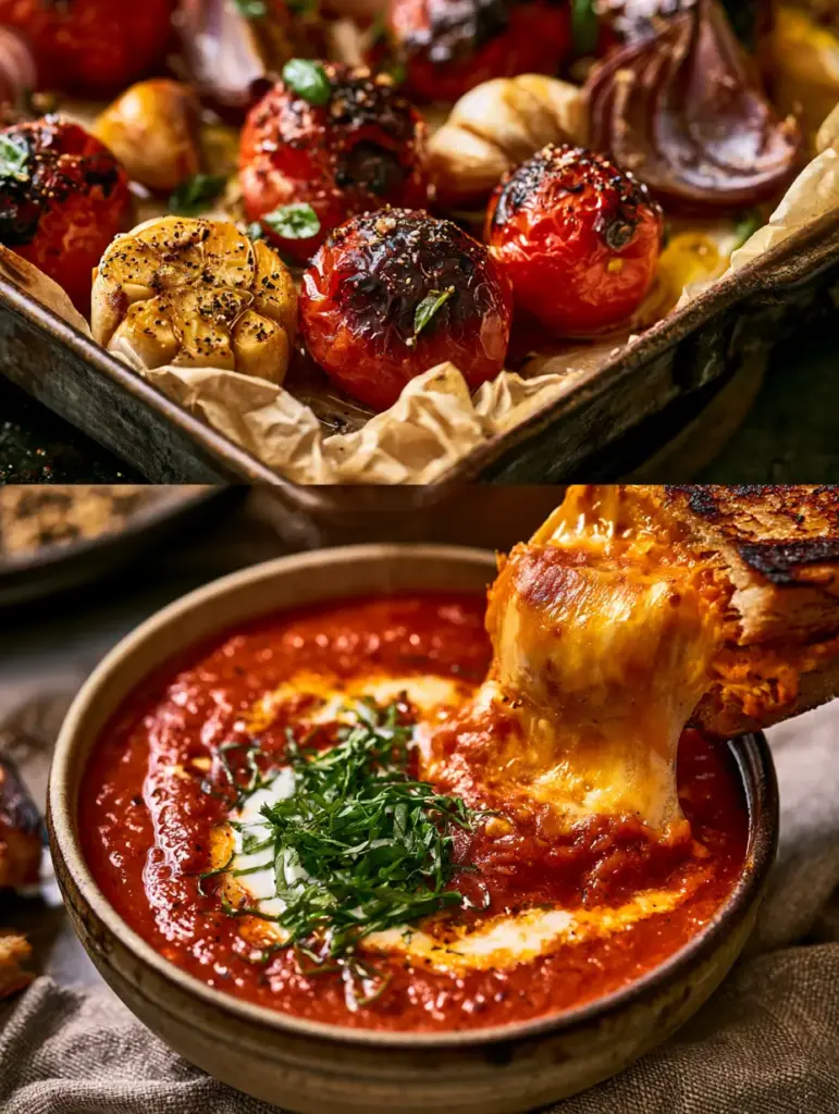 Roasted Tomato Soup with Blistered Tomatoes and Charred Garlic 1 A hand dunking a sourdough grilled cheese into a bowl of creamy Roasted Tomato Soup with a heavy cream swirl.