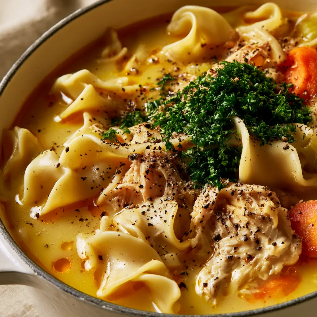 Homestyle Chicken Noodle Soup with Rich Golden Broth 1 Side-lit macro shot of thick wavy egg noodles and succulent shredded chicken in an opaque yellow broth garnished with coarse black pepper.