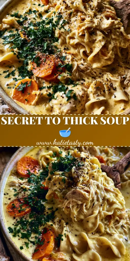 A wide ceramic bowl of Paula Deen Chicken Noodle Soup with thick golden broth, wide wavy noodles, and hand-shredded chicken on a farmhouse table.