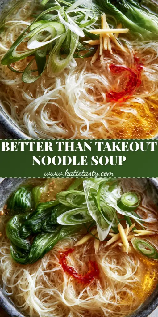 Chinese Rice Noodle Soup: The 15-Minute Clear Broth Comfort Bowl 3 Top-down view of a steaming ceramic bowl of Chinese Rice Noodle Soup with translucent vermicelli, blanched bok choy, and a swirl of red chili oil.