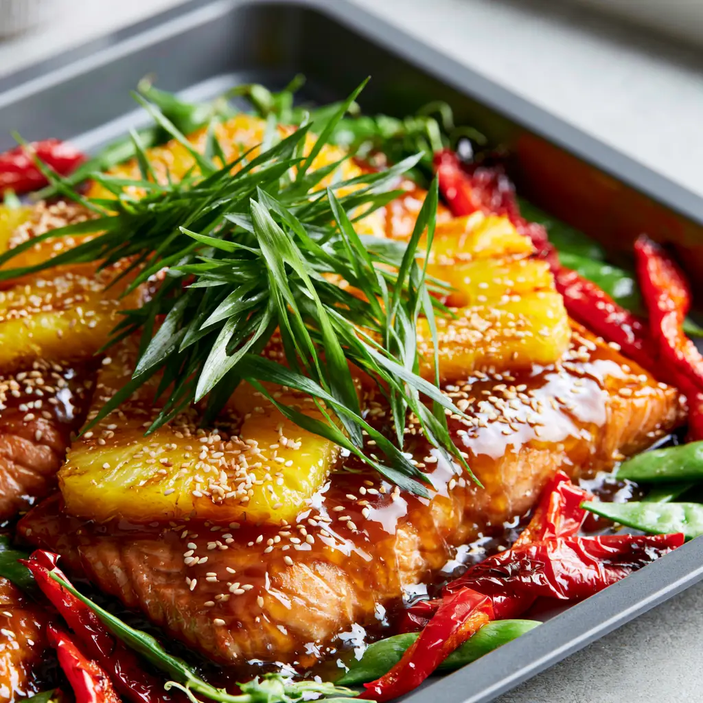 Baked Pineapple Salmon with Glossy Teriyaki Glaze 2 Macro close-up of Baked Pineapple Salmon fillets with thick glossy teriyaki glaze and toasted sesame seeds.