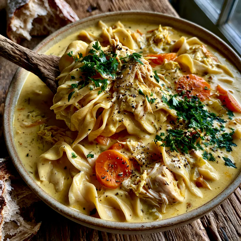 Top-down view of creamy Paula Deen Chicken Noodle Soup showing thick sauce-like broth and cracked black pepper.