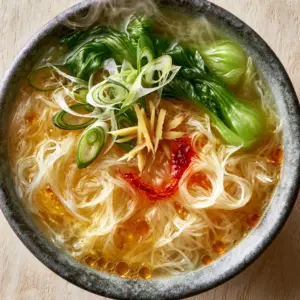 Extreme close-up of Chinese Rice Noodle Soup showing glistening noodle textures and tiny sesame oil droplets in golden broth.