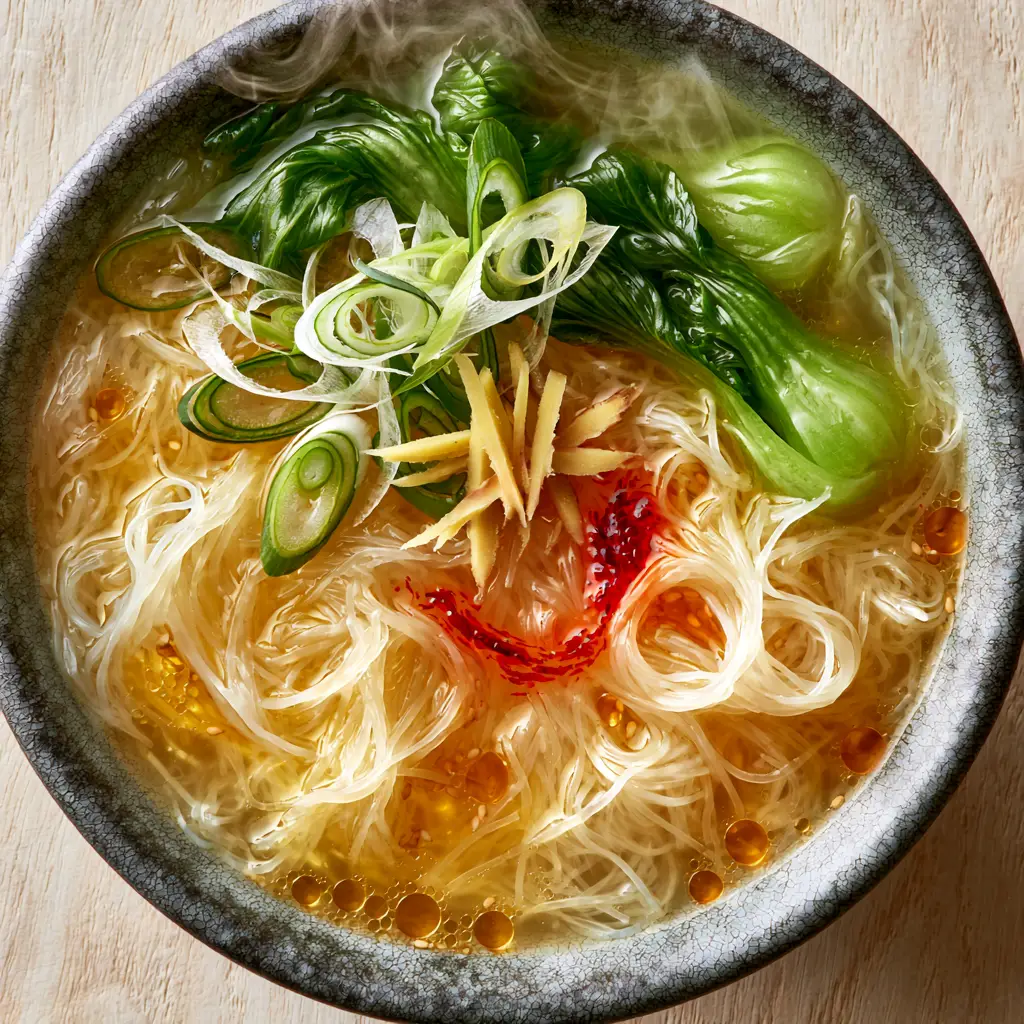 Extreme close-up of Chinese Rice Noodle Soup showing glistening noodle textures and tiny sesame oil droplets in golden broth.