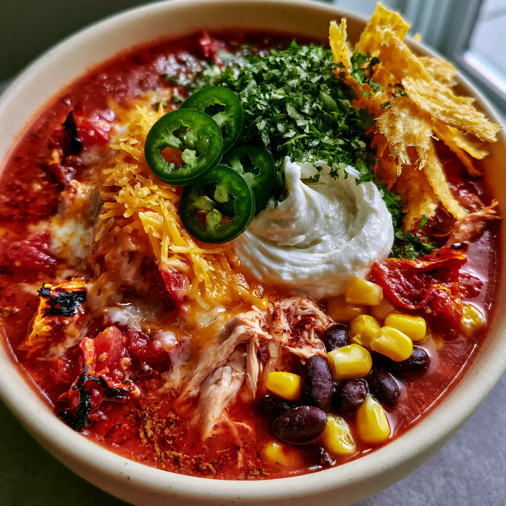 Extreme close-up of Crockpot Taco Soup showing the rich red broth, fire-roasted tomatoes, and melting sharp cheddar cheese.
