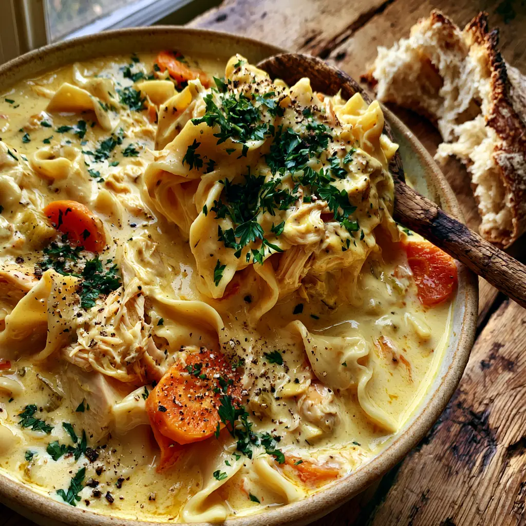 Close up of wide wavy egg noodles and hand-shredded chicken breast in a golden cream soup.