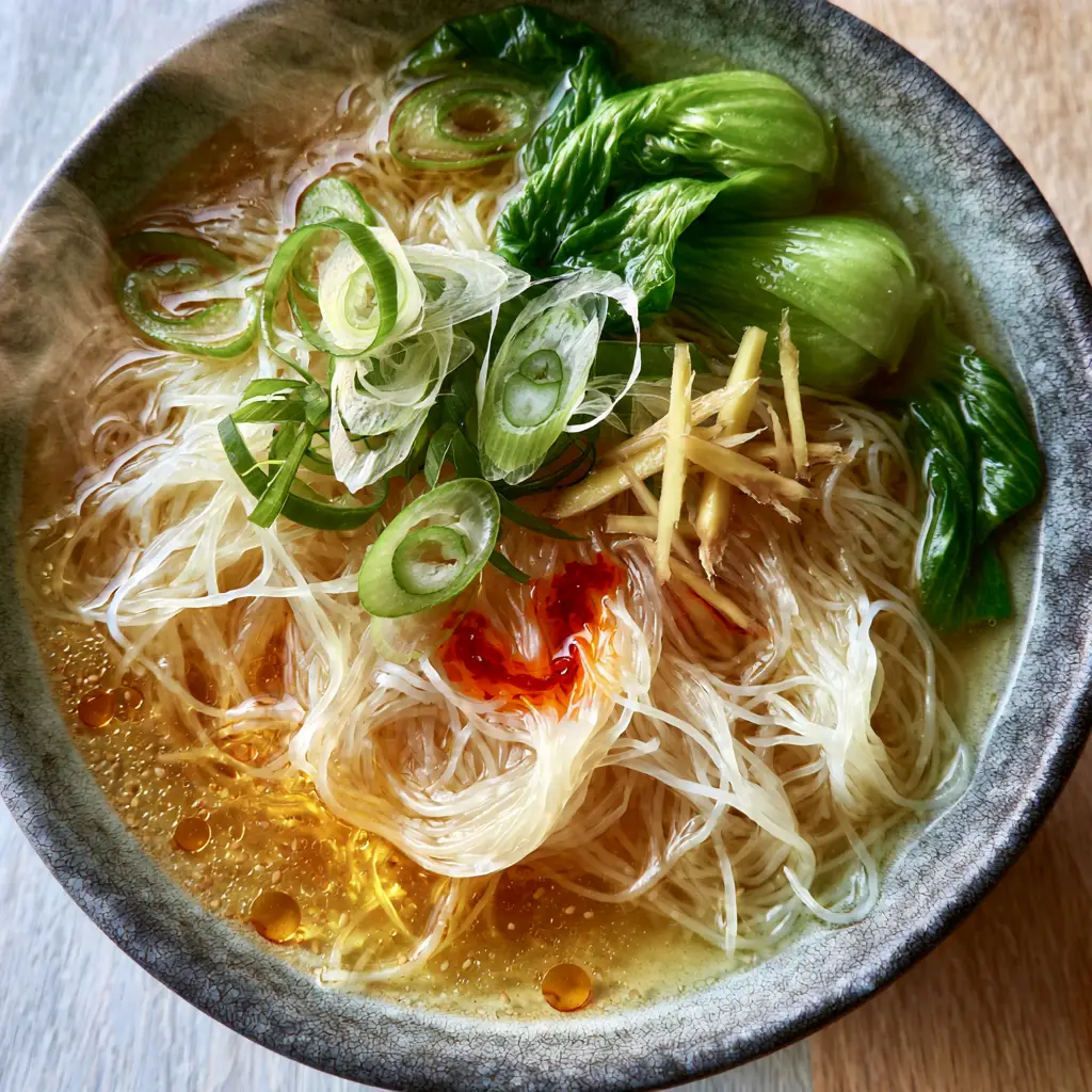 Chinese Rice Noodle Soup: The 15-Minute Clear Broth Comfort Bowl 1 Top-down shot of Chinese Rice Noodle Soup in a charcoal grey bowl with julienned ginger and scallions.
