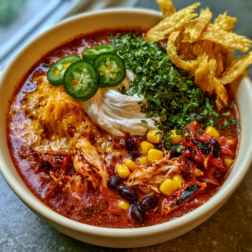 Crockpot Taco Soup: The Ultimate Smoky and Zesty Weeknight Dinner 1 Top-down view of Crockpot Taco Soup with vibrant green jalapenos, fresh cilantro, and a thick artisanal sour cream swirl.