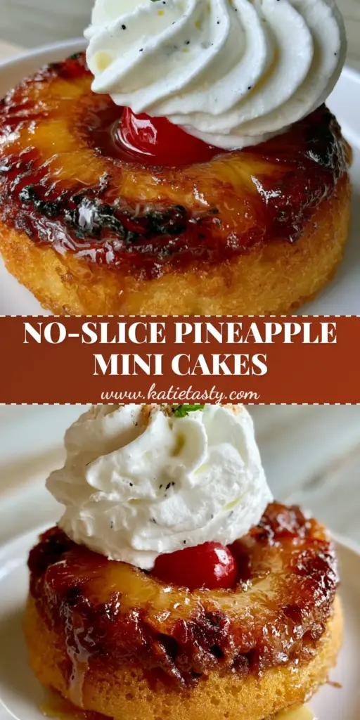A gourmet individual Pineapple Mascarpone Upside-Down Mini Cake with a charred pineapple ring, maraschino cherry, and vanilla bean mascarpone frosting dollop on a white plate.