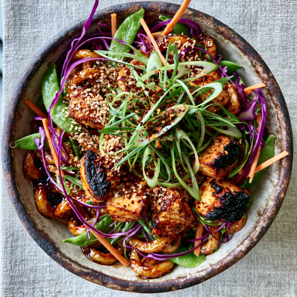 Asian Dinner Recipes: Honey Garlic Chicken Udon Bowls 1 A rustic dark bowl filled with thick udon noodles, shredded purple cabbage, matchstick carrots, and green scallions cut on a bias.