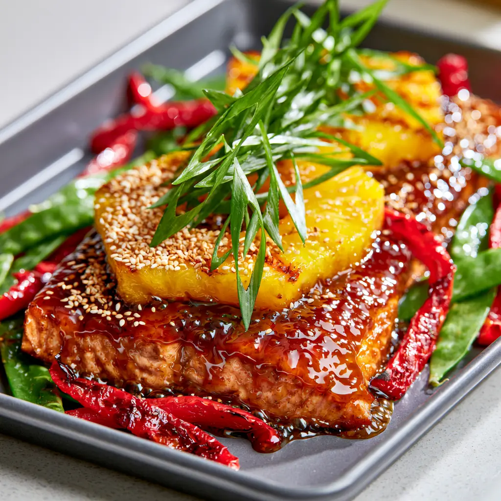 Baked Pineapple Salmon with Glossy Teriyaki Glaze 1 Succulent Atlantic salmon fillets with blistered red peppers and charred pineapple rings on a dark gray metal pan.