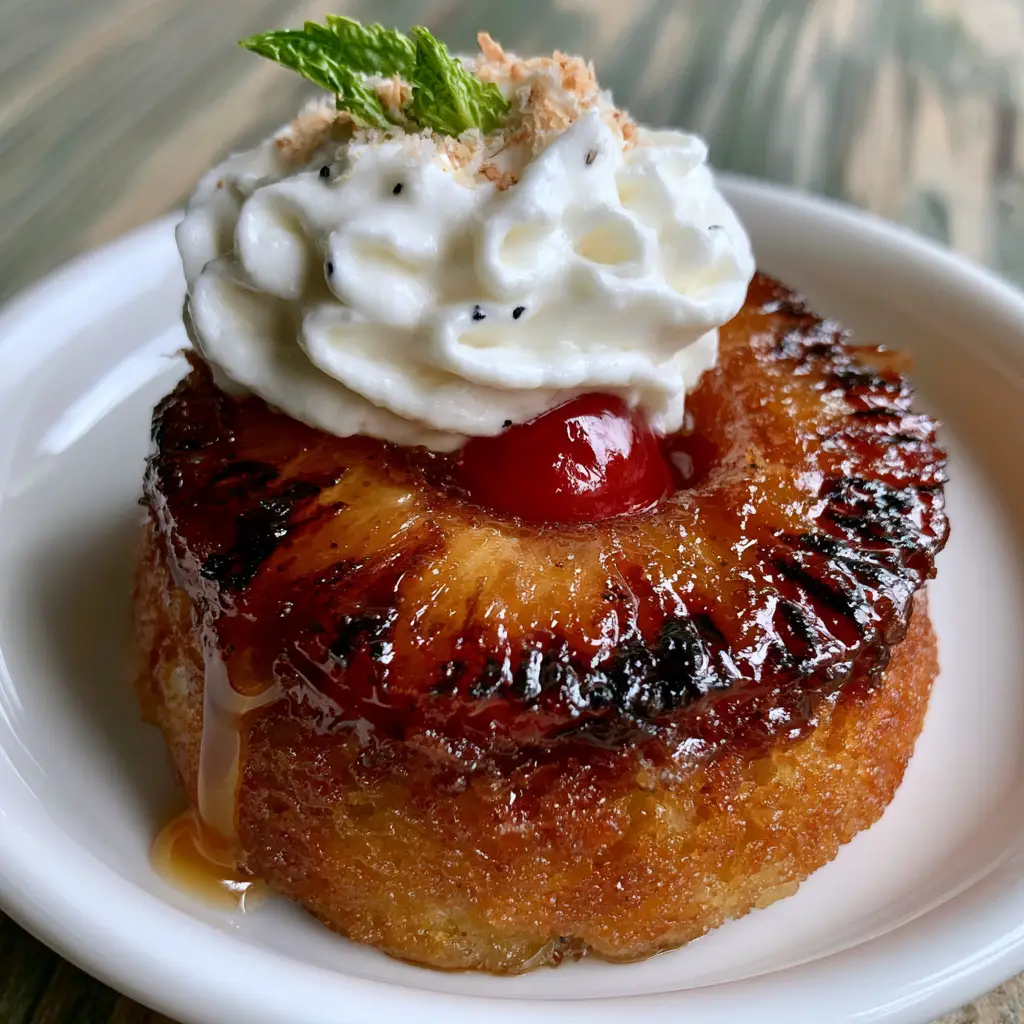 Close up photo of a Pineapple Mascarpone Upside-Down Mini Cake showing charred pineapple edges and glossy brown sugar glaze.
