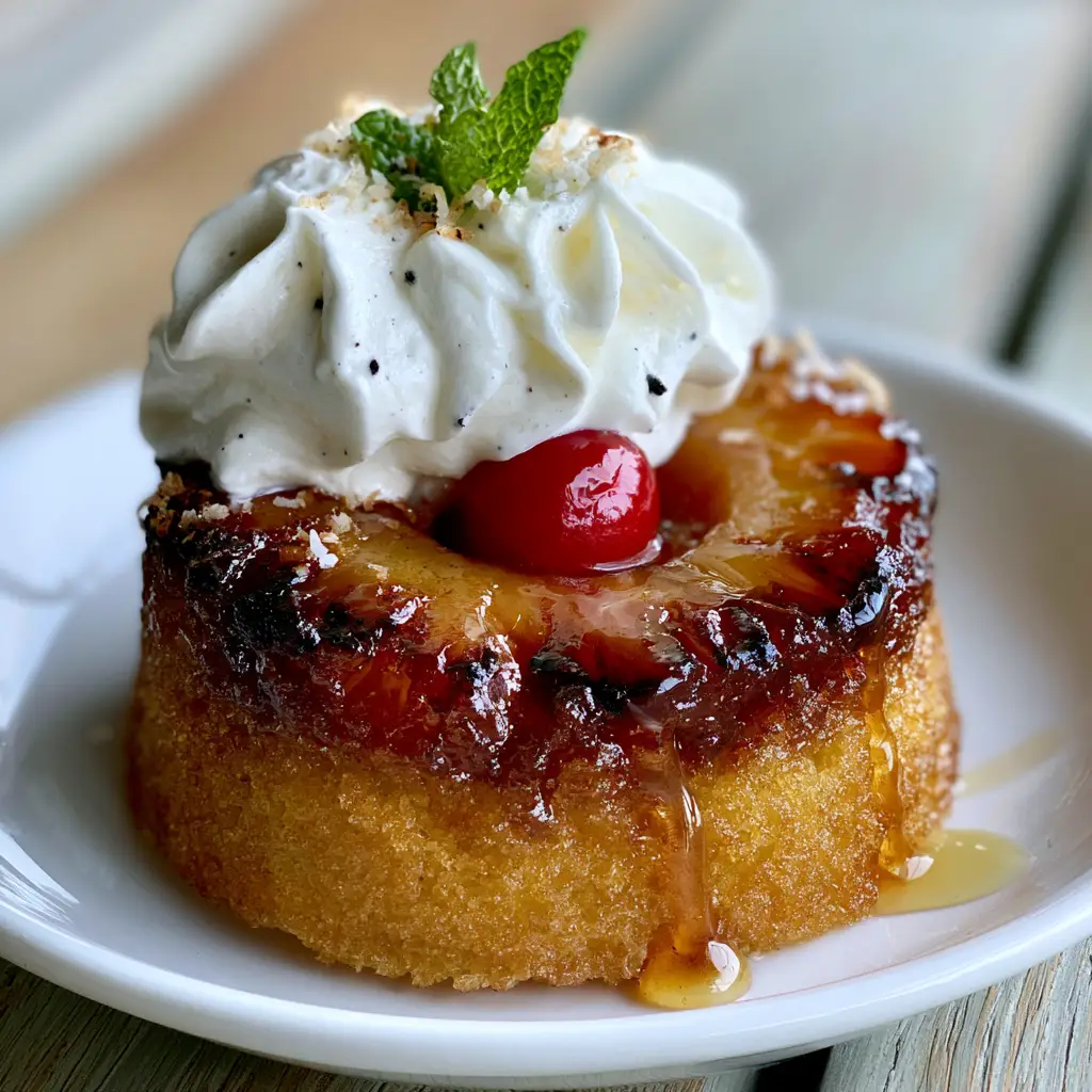 A handheld shot of a mini cake with voluminous mascarpone frosting and vanilla bean flecks.