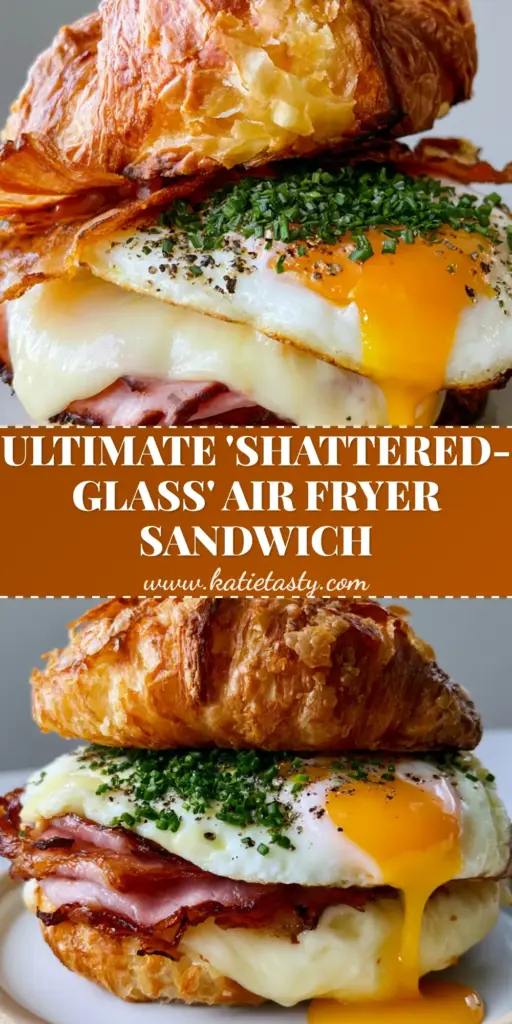 A stacked croissant breakfast sandwich with a dripping orange egg yolk and caramelized honey ham on a ceramic plate.
