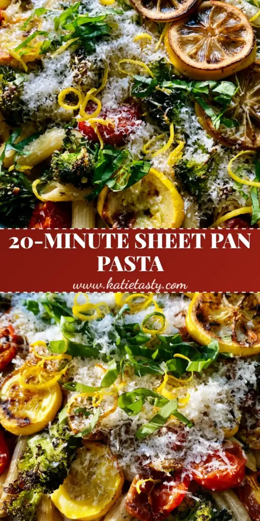 A vibrant Sheet Pan Pasta Primavera with charred broccoli, blistered cherry tomatoes, and penne pasta, garnished with fluffy parmesan and fresh basil.