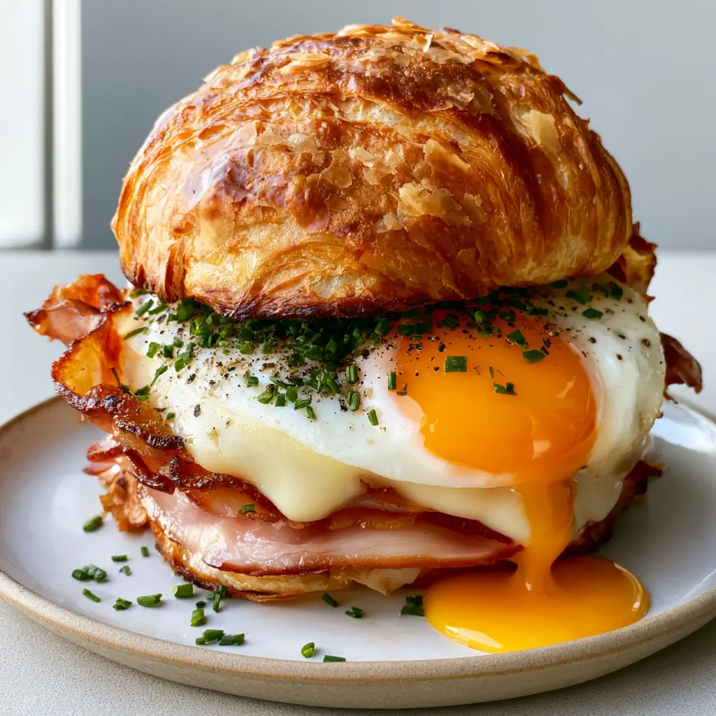 Top view of a croissant breakfast sandwich garnished with fresh chives and cracked black pepper.