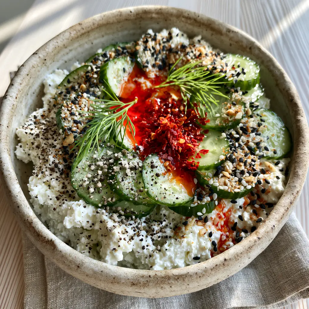 Cottage Cheese with Cucumbers: The Ultimate High-Protein Savory Bowl 1 Handheld photo of a savory cottage cheese bowl with dill and everything bagel seasoning.