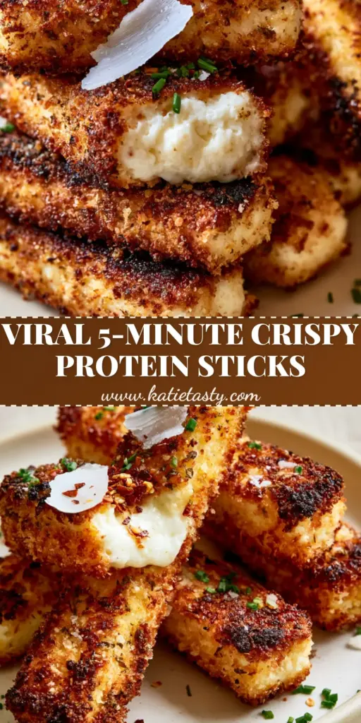 A tall stack of crispy cottage cheese sticks with a visible molten center, garnished with chives and red pepper flakes on a ceramic plate. (cottage cheese sticks)
