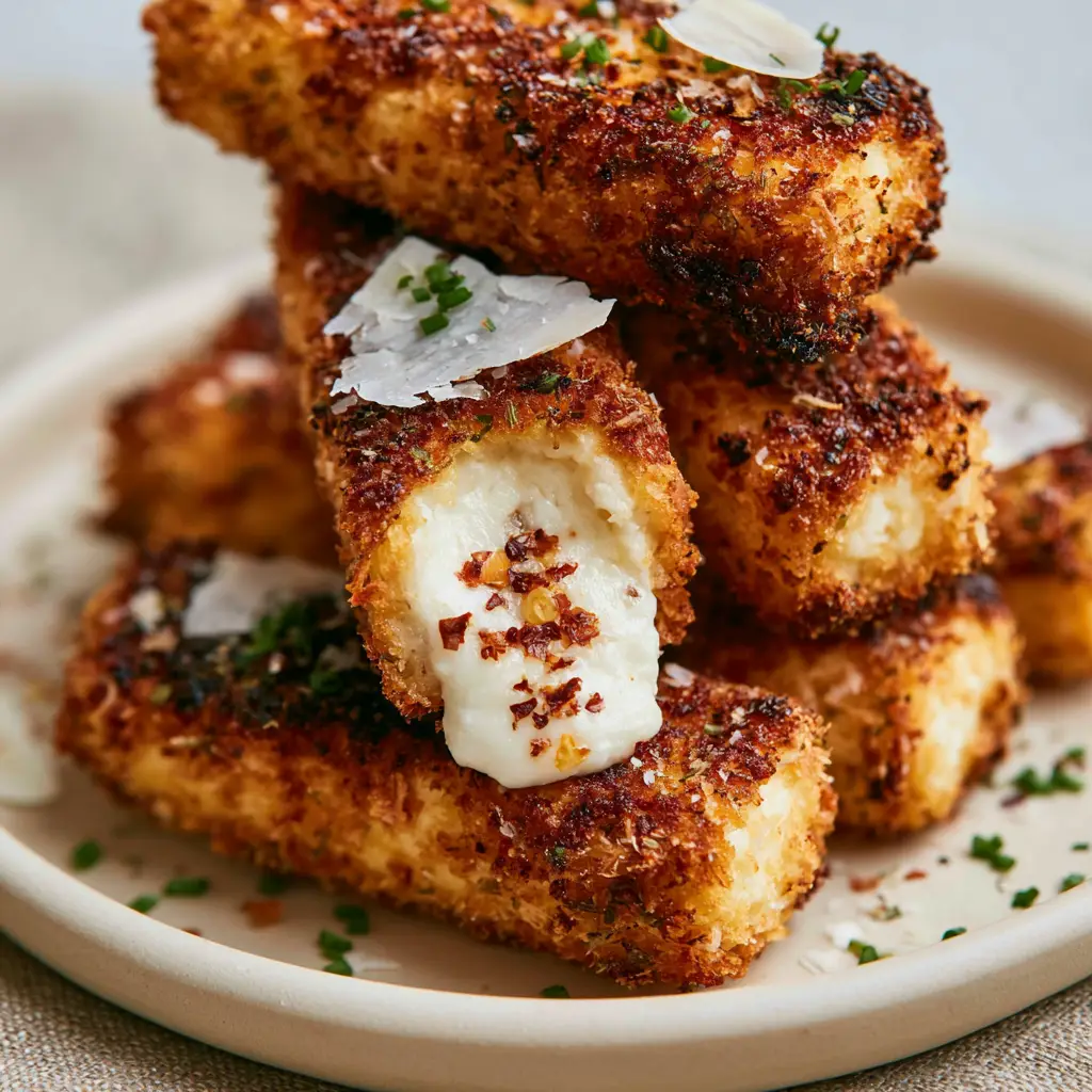 A broken cottage cheese stick revealing a thick, steaming white molten core on a neutral linen background.