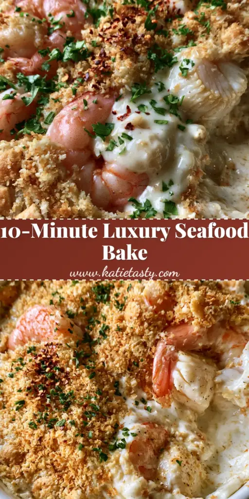 A top-down photo of Creamy Seafood Bake with a golden Ritz cracker crust, pink shrimp, and scallops in a white dish.