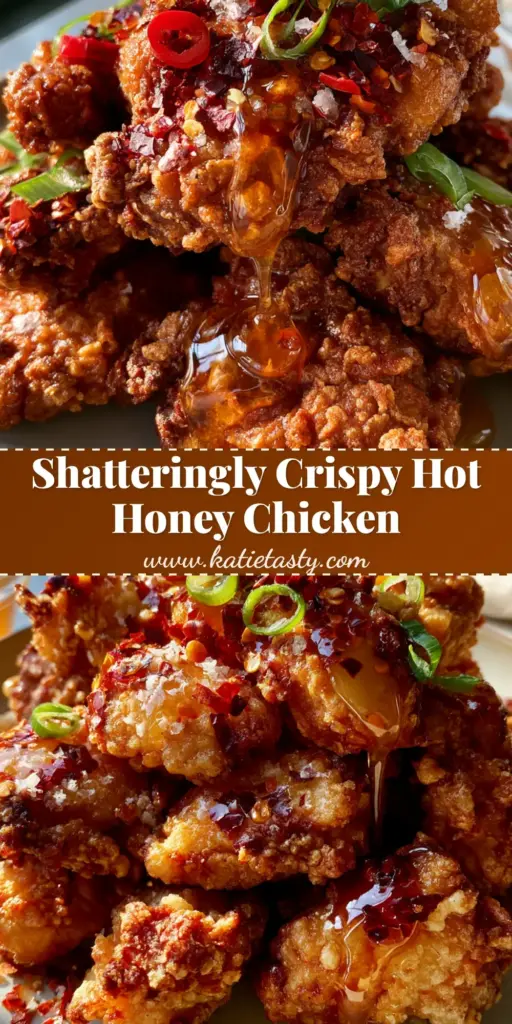 Shatteringly crispy hot honey chicken piled on a matte plate with visible glossy amber glaze, red chili flakes, and scallions.