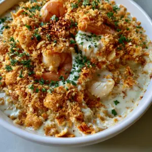 Close up of the golden-brown cracker crust on a Creamy Seafood Bake with parsley garnish.