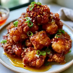 Close-up handheld photo of golden-brown crispy hot honey chicken with ridges and honey drips.