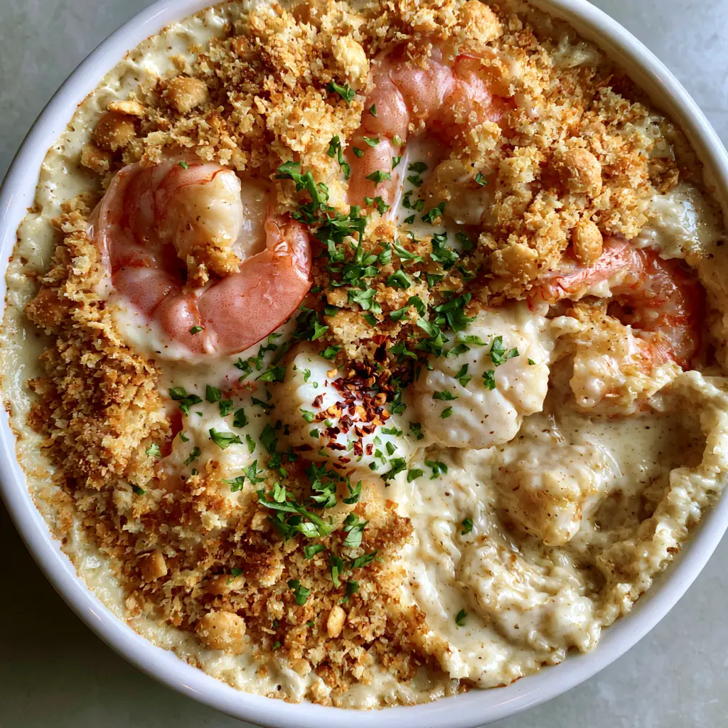 A scoop taken out of the Creamy Seafood Bake revealing the velvety garlic cream sauce and succulent shrimp.