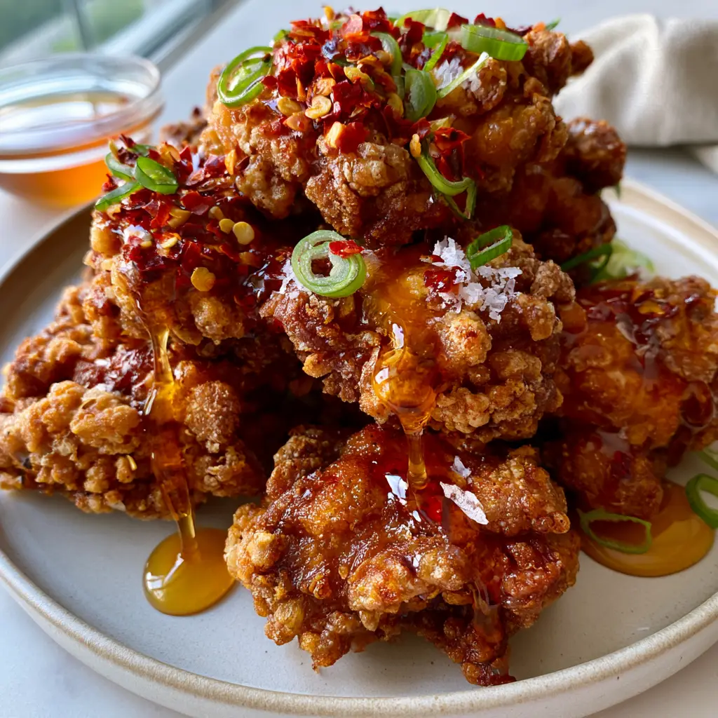 Deep golden-brown fried chicken pieces with a glossy honey coating on a minimalist ceramic plate.